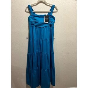 MAGARI Teal Blue Tiered Dress Spaghetti Strap‎ Ruched Bust Made in Italy Size L